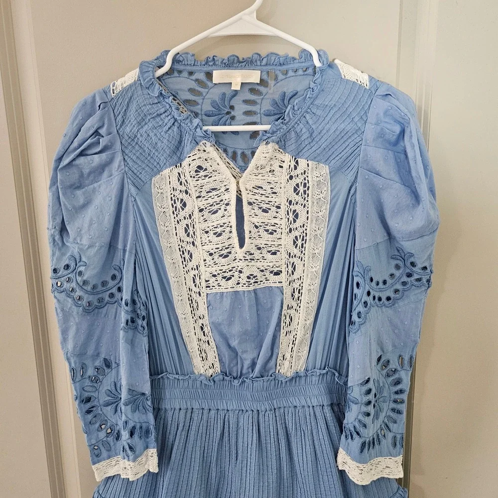 LoveShackFancy Light Blue and White Eyelet Lace Mini Dress - Picture 2 of 11